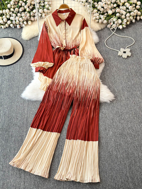 XFPV naiste avarate laternatega varrukatega särk vabaaja kõrge vöökohaga plisseeritud kärbitud püksid, kaheosaline komplekt, mood sügis 2025 SM11745