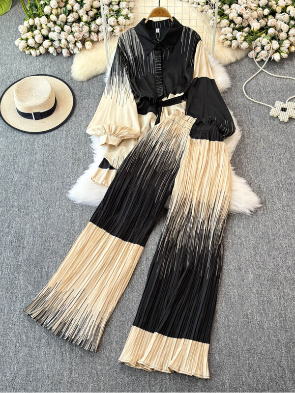 XFPV naiste avarate laternatega varrukatega särk vabaaja kõrge vöökohaga plisseeritud kärbitud püksid, kaheosaline komplekt, mood sügis 2025 SM11745