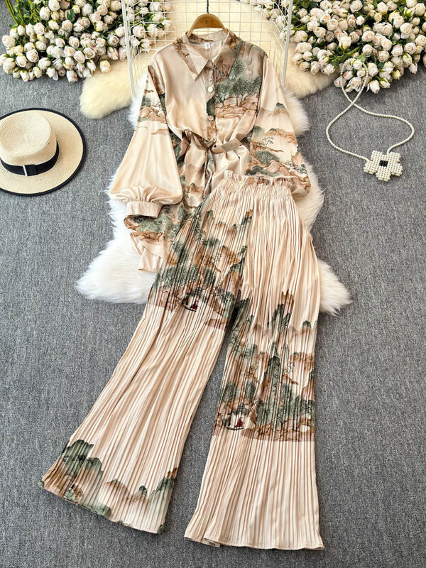 XFPV naiste avarate laternatega varrukatega särk vabaaja kõrge vöökohaga plisseeritud kärbitud püksid, kaheosaline komplekt, mood sügis 2025 SM11745