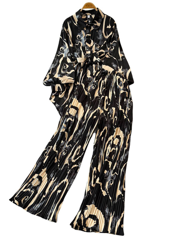 XFPV naiste avarate laternatega varrukatega särk vabaaja kõrge vöökohaga plisseeritud kärbitud püksid, kaheosaline komplekt, mood sügis 2025 SM11745