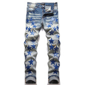 2023 Есен Нова мода Мъжки High Street Blue Star Embroidery Patch Дънки Мъжки Slim Fit Denim Панталони Дънки Vaqueros Hombre