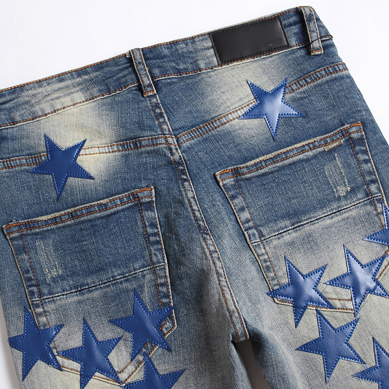 2023 Есен Нова мода Мъжки High Street Blue Star Embroidery Patch Дънки Мъжки Slim Fit Denim Панталони Дънки Vaqueros Hombre