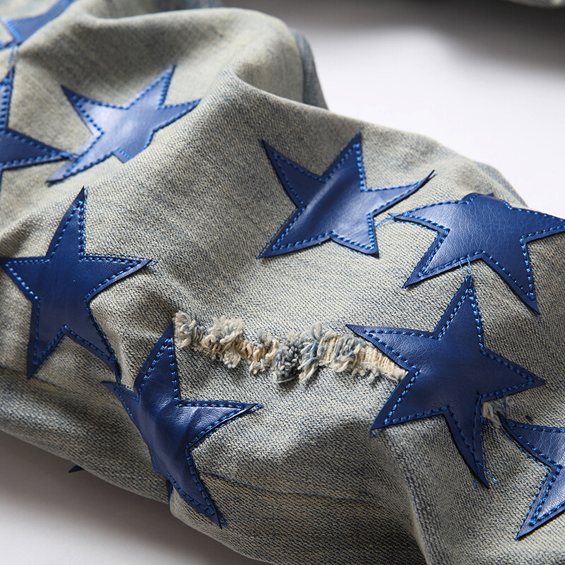2023 Есен Нова мода Мъжки High Street Blue Star Embroidery Patch Дънки Мъжки Slim Fit Denim Панталони Дънки Vaqueros Hombre
