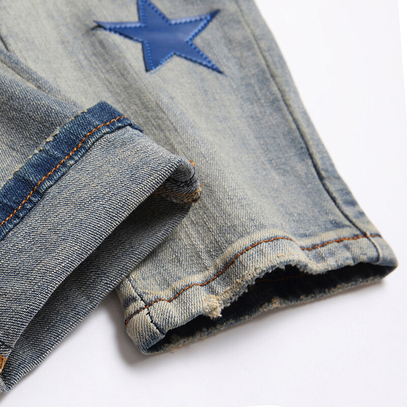2023 Есен Нова мода Мъжки High Street Blue Star Embroidery Patch Дънки Мъжки Slim Fit Denim Панталони Дънки Vaqueros Hombre