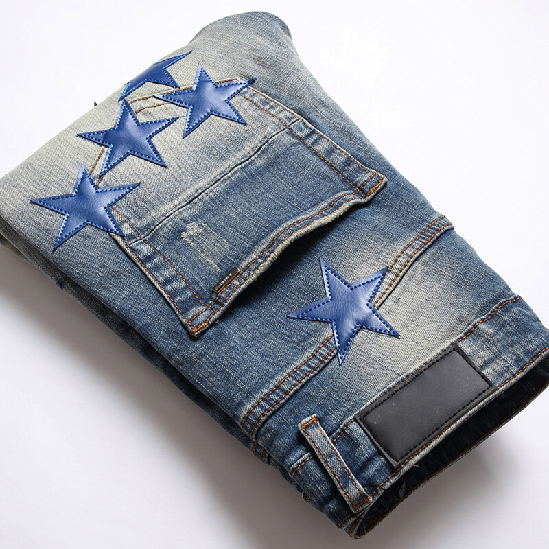 2023 Есен Нова мода Мъжки High Street Blue Star Embroidery Patch Дънки Мъжки Slim Fit Denim Панталони Дънки Vaqueros Hombre