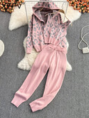 XFPV sieviešu leoparda drukas rāvējslēdzējs, V veida kakla izgriezums, trikotāžas kapuce ar augstu vidukli, bikses, veste, 3 daļ. komplekts Y2k korejiešu modes rudens 2025