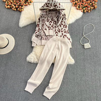 XFPV sieviešu leoparda drukas rāvējslēdzējs, V veida kakla izgriezums, trikotāžas kapuce ar augstu vidukli, bikses, veste, 3 daļ. komplekts Y2k korejiešu modes rudens 2025