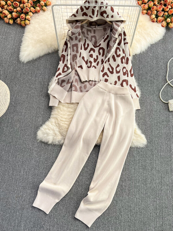 XFPV sieviešu leoparda drukas rāvējslēdzējs, V veida kakla izgriezums, trikotāžas kapuce ar augstu vidukli, bikses, veste, 3 daļ. komplekts Y2k korejiešu modes rudens 2025