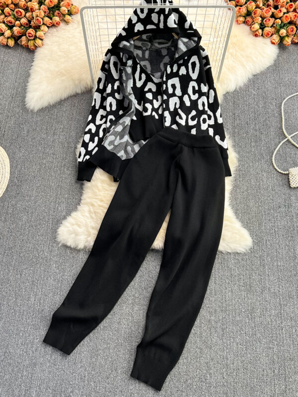 XFPV sieviešu leoparda drukas rāvējslēdzējs, V veida kakla izgriezums, trikotāžas kapuce ar augstu vidukli, bikses, veste, 3 daļ. komplekts Y2k korejiešu modes rudens 2025