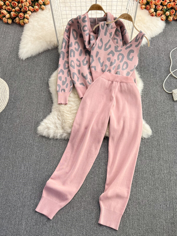 XFPV sieviešu leoparda drukas rāvējslēdzējs, V veida kakla izgriezums, trikotāžas kapuce ar augstu vidukli, bikses, veste, 3 daļ. komplekts Y2k korejiešu modes rudens 2025