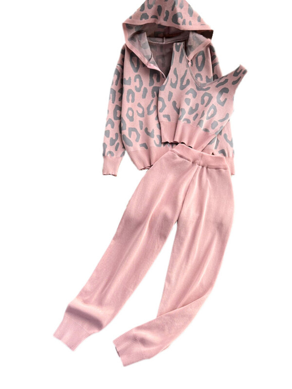 XFPV sieviešu leoparda drukas rāvējslēdzējs, V veida kakla izgriezums, trikotāžas kapuce ar augstu vidukli, bikses, veste, 3 daļ. komplekts Y2k korejiešu modes rudens 2025