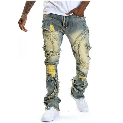 Blugi rupți stivuiți pentru bărbați, învechiți, slim fit, blugi cu picioare drepte, la modă, pantaloni hip hop din denim, îmbrăcăminte de stradă casual