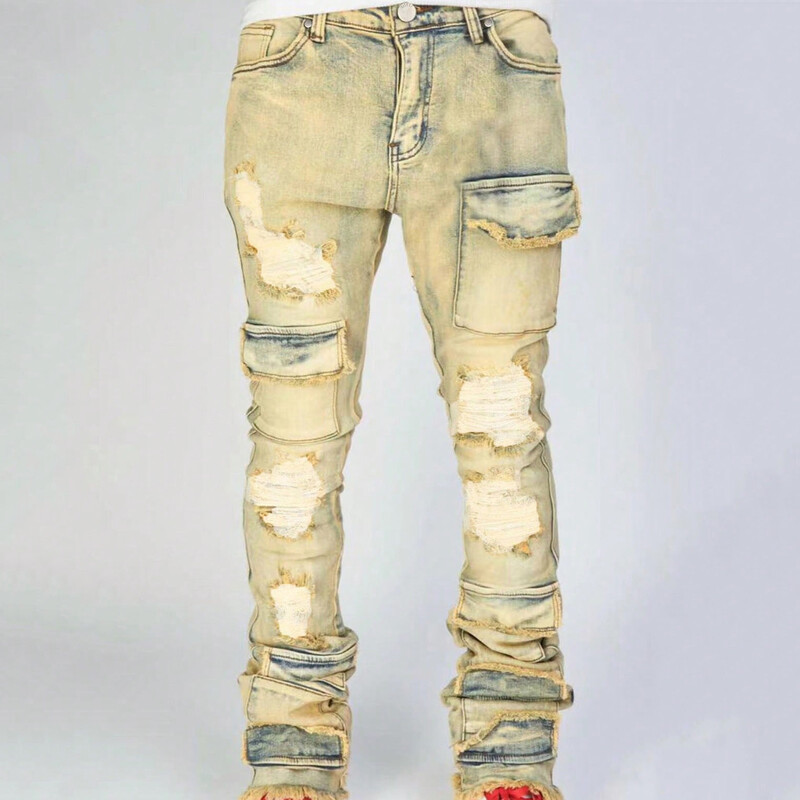 Muške složene traperice Slim Fit Poderane traperice Destroyed Straight Denim Hlače Harajuku Hip Hop Hlače Modna ulična odjeća