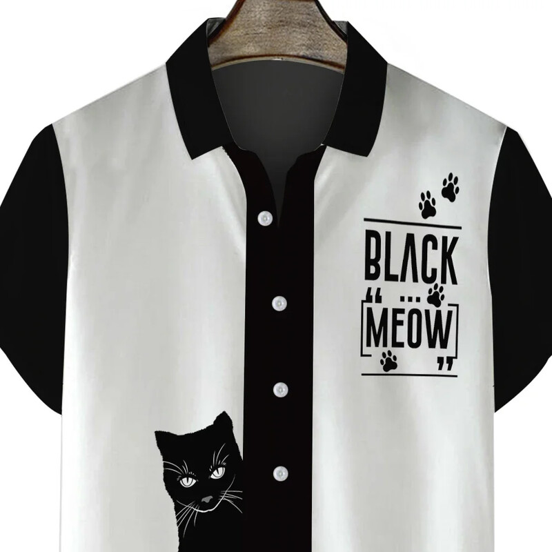 Hawaii Casual Fashion Meeste revääridega lühikeste varrukatega särk Must-valge kassimustriga Mugavad meeste topid Suvine avar meeste särk