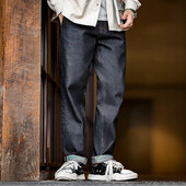 Maden Men's Vintage 13,5 OZ toored teksad, puuvillased sirge istumisega Selvedge teksapüksid, rasked sinised tõmblukuga kärbes taskutega teksad