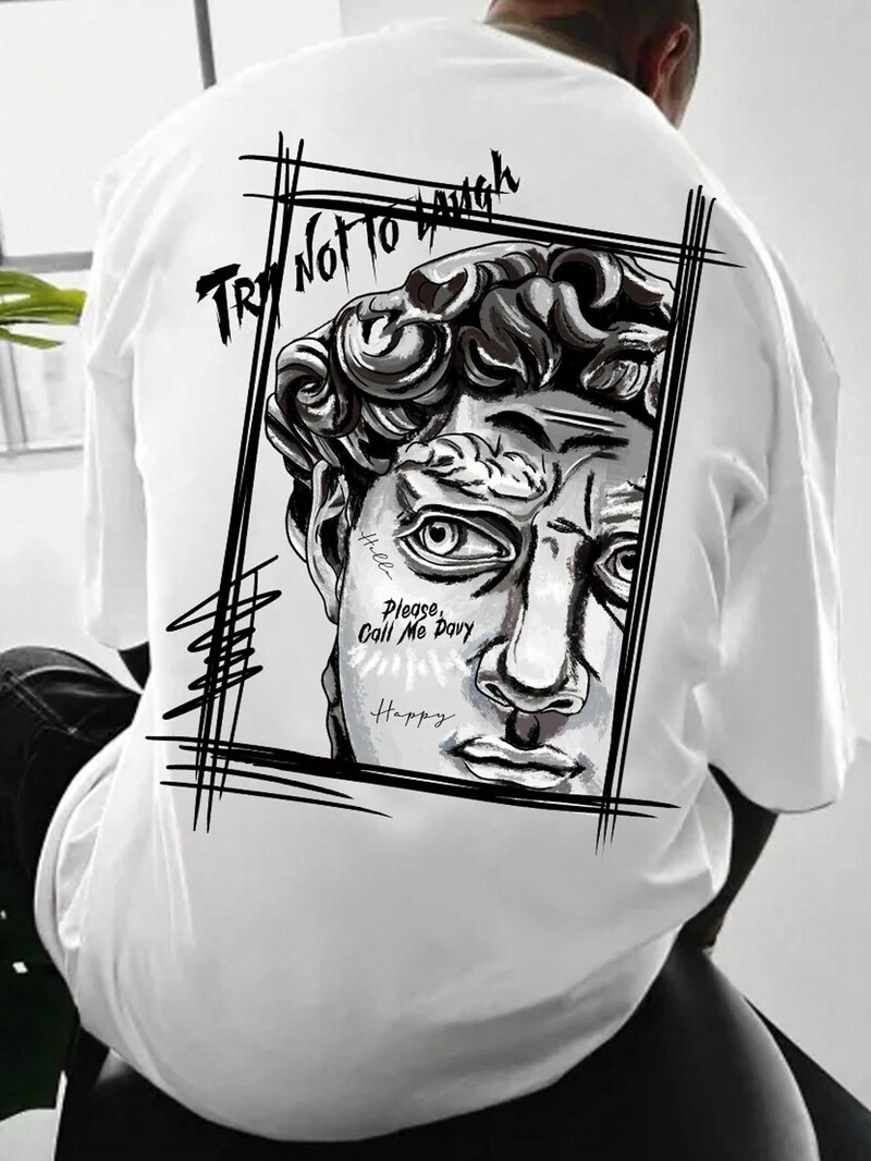 Radoša skulptūra Izteiksme Teksta dizains Vīriešu kokvilnas topi ar apkakli Jauns T-krekls Modes Brīvs apģērbs Rudens Jauns Tops