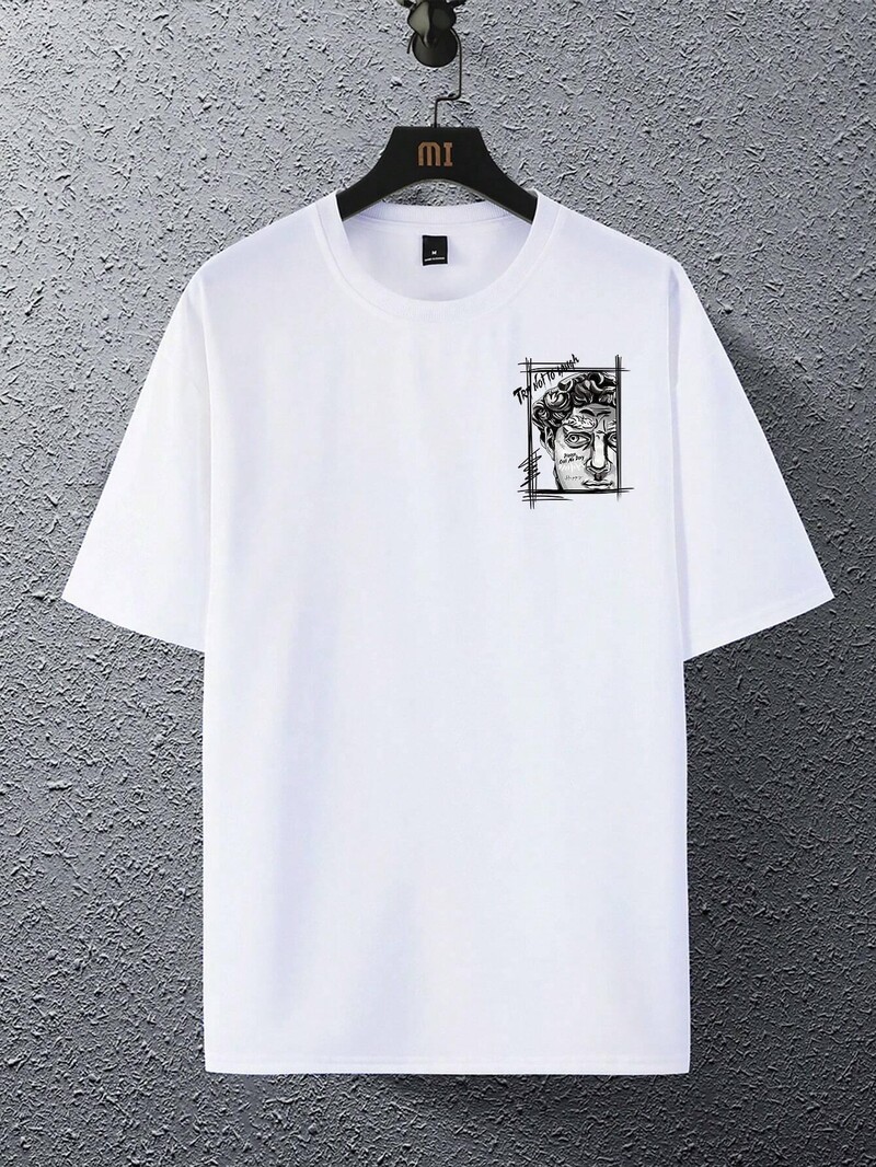 Radoša skulptūra Izteiksme Teksta dizains Vīriešu kokvilnas topi ar apkakli Jauns T-krekls Modes Brīvs apģērbs Rudens Jauns Tops