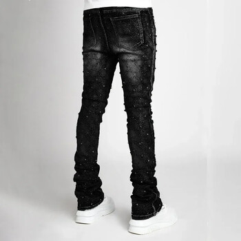 Personality Stacked Jeans for Men Slim Fit Strechy Pearls Denim Laminated Pants for 2024 Fashion Straight Αντρικό Νέο τζιν