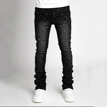 Personality Stacked Jeans for Men Slim Fit Strechy Pearls Denim Laminated Pants for 2024 Fashion Straight Αντρικό Νέο τζιν