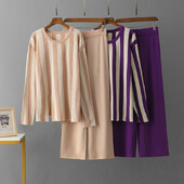 Sieviešu eleganti rudens svītru uzvalki ar garām piedurknēm, plāns krekls, platas bikses ar elastīgu joslu, brīvs, ērts sporta trikotāžas komplekts