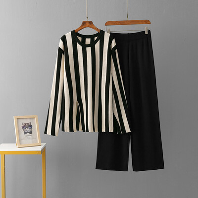 Sieviešu eleganti rudens svītru uzvalki ar garām piedurknēm, plāns krekls, platas bikses ar elastīgu joslu, brīvs, ērts sporta trikotāžas komplekts