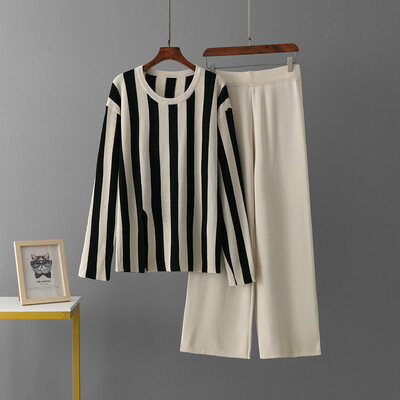 Sieviešu eleganti rudens svītru uzvalki ar garām piedurknēm, plāns krekls, platas bikses ar elastīgu joslu, brīvs, ērts sporta trikotāžas komplekts