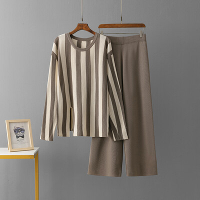 Sieviešu eleganti rudens svītru uzvalki ar garām piedurknēm, plāns krekls, platas bikses ar elastīgu joslu, brīvs, ērts sporta trikotāžas komplekts