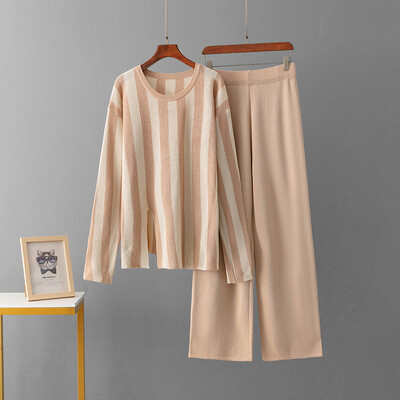 Sieviešu eleganti rudens svītru uzvalki ar garām piedurknēm, plāns krekls, platas bikses ar elastīgu joslu, brīvs, ērts sporta trikotāžas komplekts