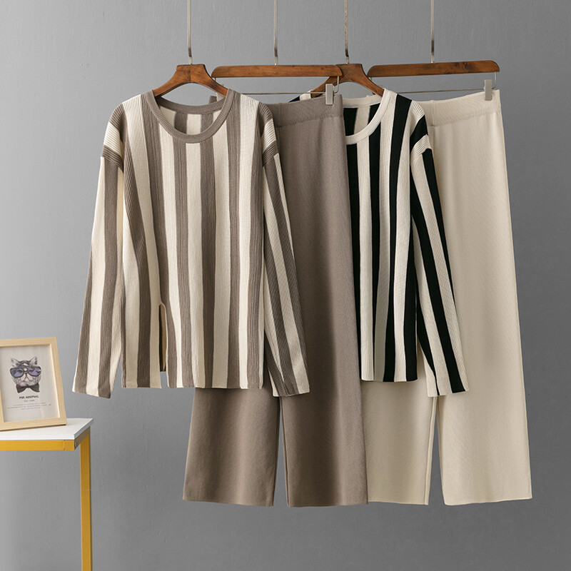 Sieviešu eleganti rudens svītru uzvalki ar garām piedurknēm, plāns krekls, platas bikses ar elastīgu joslu, brīvs, ērts sporta trikotāžas komplekts