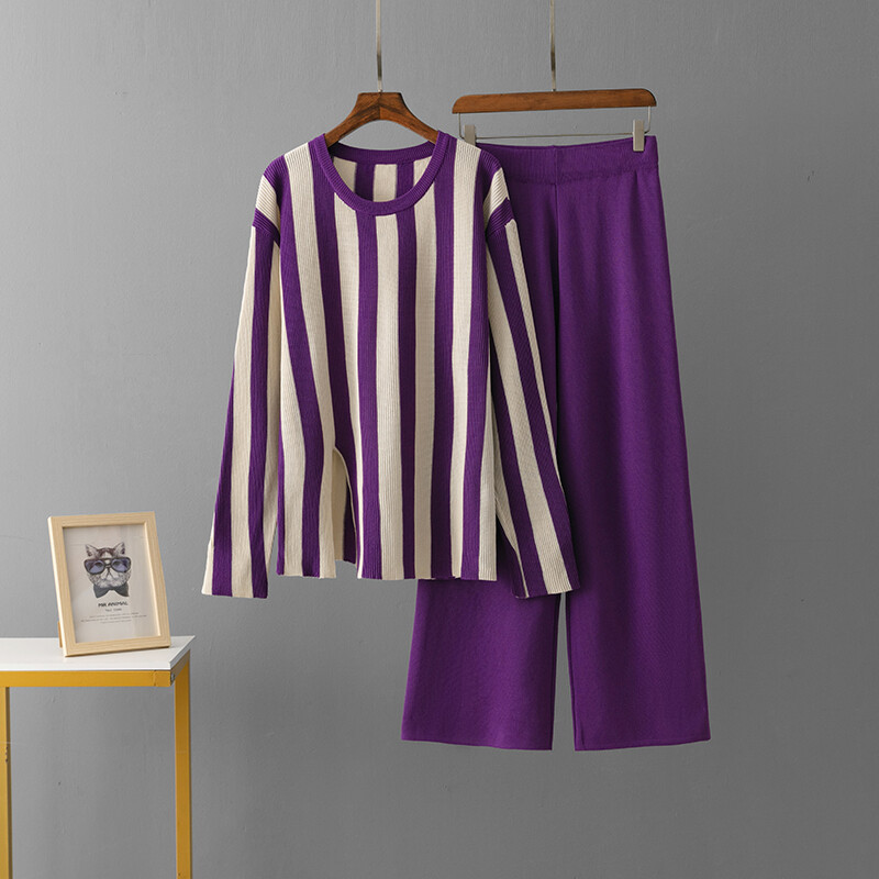 Sieviešu eleganti rudens svītru uzvalki ar garām piedurknēm, plāns krekls, platas bikses ar elastīgu joslu, brīvs, ērts sporta trikotāžas komplekts