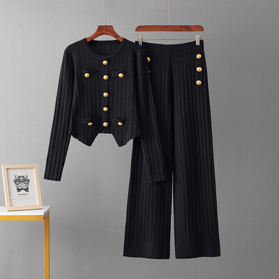 HLBCBG vabaaja kudumine 2 tk. Ülikonnad Naiste sügistalvise värvi plokknööbiga kampsun + elastsed vöökohaga pikad püksid vabaaja 2 tk komplektid