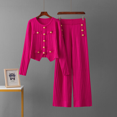 HLBCBG vabaaja kudumine 2 tk. Ülikonnad Naiste sügistalvise värvi plokknööbiga kampsun + elastsed vöökohaga pikad püksid vabaaja 2 tk komplektid