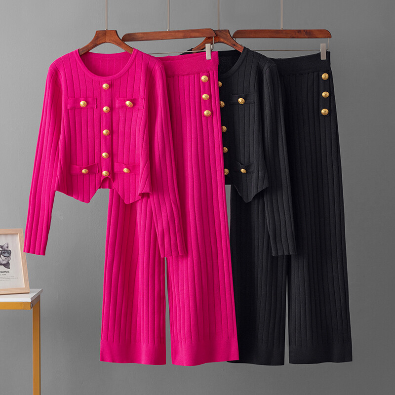 HLBCBG vabaaja kudumine 2 tk. Ülikonnad Naiste sügistalvise värvi plokknööbiga kampsun + elastsed vöökohaga pikad püksid vabaaja 2 tk komplektid