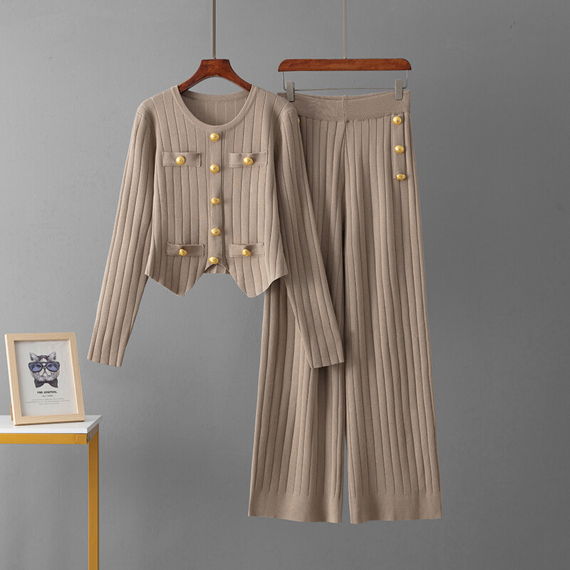 HLBCBG vabaaja kudumine 2 tk. Ülikonnad Naiste sügistalvise värvi plokknööbiga kampsun + elastsed vöökohaga pikad püksid vabaaja 2 tk komplektid