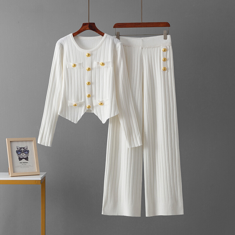 HLBCBG vabaaja kudumine 2 tk. Ülikonnad Naiste sügistalvise värvi plokknööbiga kampsun + elastsed vöökohaga pikad püksid vabaaja 2 tk komplektid