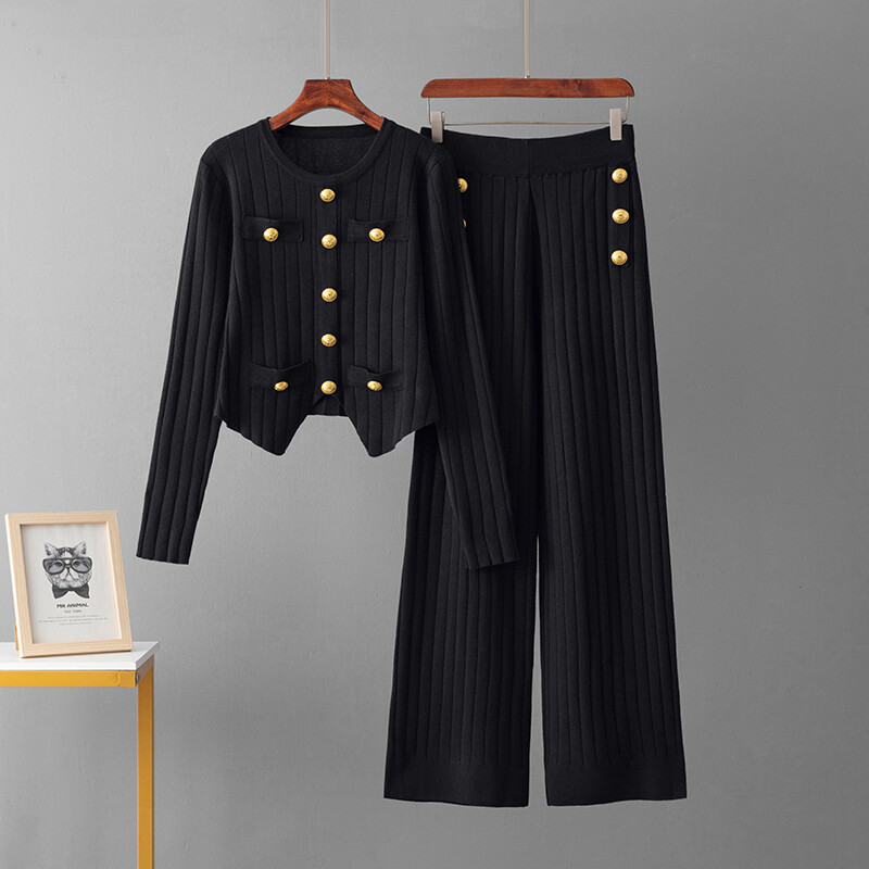 HLBCBG vabaaja kudumine 2 tk. Ülikonnad Naiste sügistalvise värvi plokknööbiga kampsun + elastsed vöökohaga pikad püksid vabaaja 2 tk komplektid