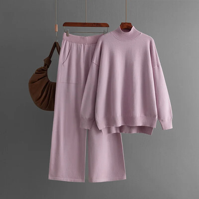 HLBCBG Basic Knit Winter Naiste kampsun dressid Oversized lahtine naiste kampsun + laia säärega püksid ülikonnad püksid 2 osa komplektid