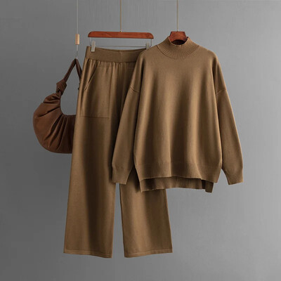 HLBCBG Basic Knit Winter Naiste kampsun dressid Oversized lahtine naiste kampsun + laia säärega püksid ülikonnad püksid 2 osa komplektid