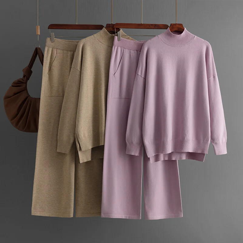 HLBCBG Basic Knit Winter Naiste kampsun dressid Oversized lahtine naiste kampsun + laia säärega püksid ülikonnad püksid 2 osa komplektid