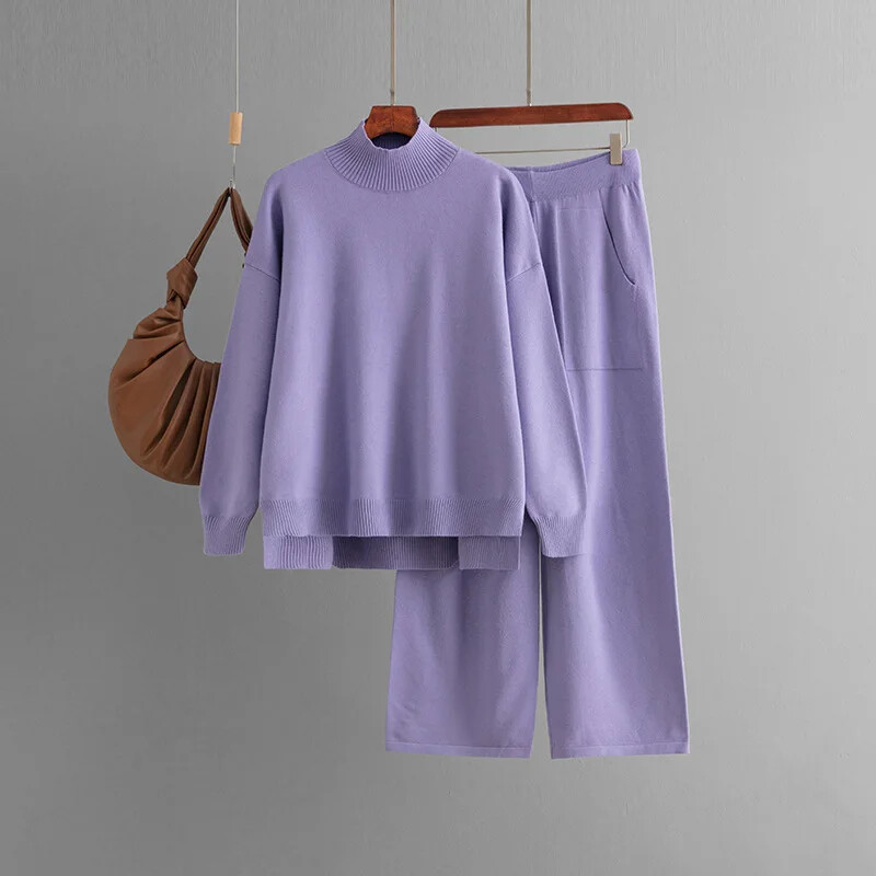 HLBCBG Basic Knit Winter Naiste kampsun dressid Oversized lahtine naiste kampsun + laia säärega püksid ülikonnad püksid 2 osa komplektid