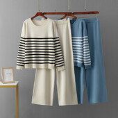 Sieviešu rudens ziemas treniņtērps jauns brīvs trikotāžas svītrains džemperis + ikdienas bikses ar augstu vidukli Sporta apģērbs divdaļīgs kostīms