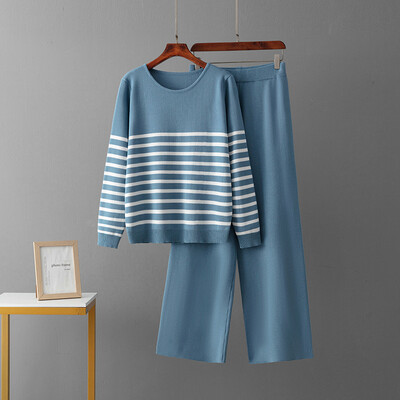 Sieviešu rudens ziemas treniņtērps jauns brīvs trikotāžas svītrains džemperis + ikdienas bikses ar augstu vidukli Sporta apģērbs divdaļīgs kostīms