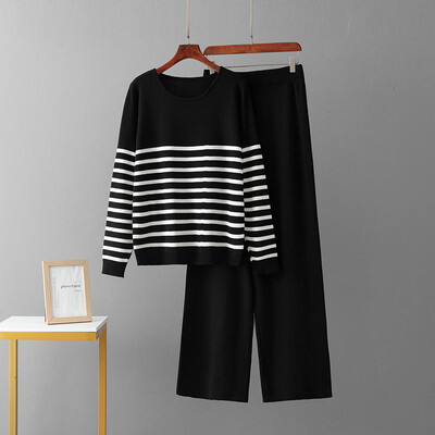 Sieviešu rudens ziemas treniņtērps jauns brīvs trikotāžas svītrains džemperis + ikdienas bikses ar augstu vidukli Sporta apģērbs divdaļīgs kostīms