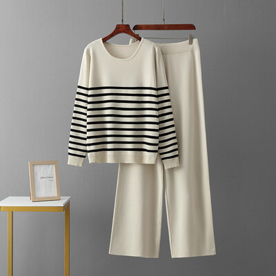 Sieviešu rudens ziemas treniņtērps jauns brīvs trikotāžas svītrains džemperis + ikdienas bikses ar augstu vidukli Sporta apģērbs divdaļīgs kostīms