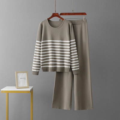 Sieviešu rudens ziemas treniņtērps jauns brīvs trikotāžas svītrains džemperis + ikdienas bikses ar augstu vidukli Sporta apģērbs divdaļīgs kostīms