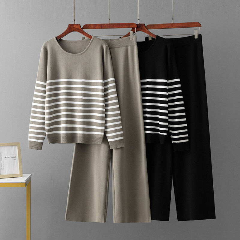 Sieviešu rudens ziemas treniņtērps jauns brīvs trikotāžas svītrains džemperis + ikdienas bikses ar augstu vidukli Sporta apģērbs divdaļīgs kostīms