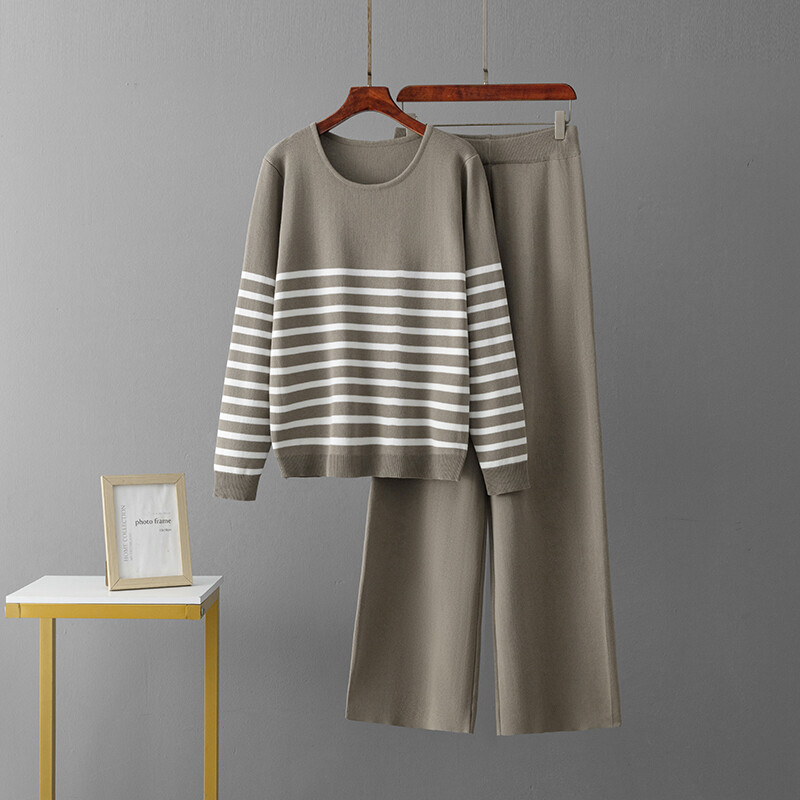 Sieviešu rudens ziemas treniņtērps jauns brīvs trikotāžas svītrains džemperis + ikdienas bikses ar augstu vidukli Sporta apģērbs divdaļīgs kostīms