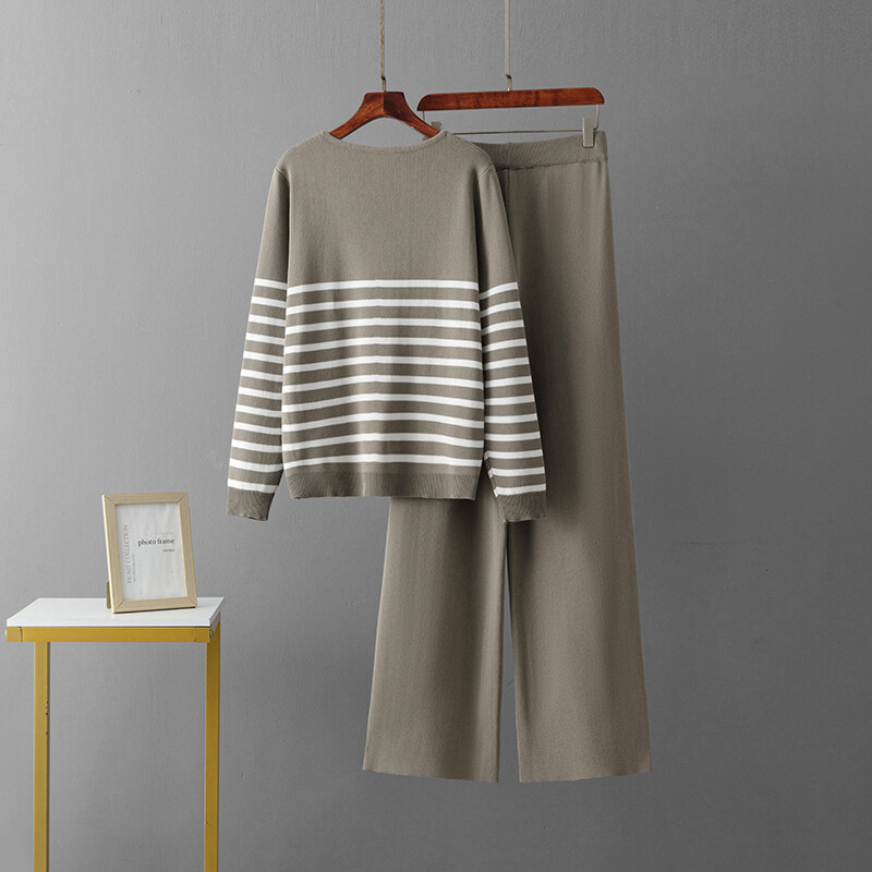 Sieviešu rudens ziemas treniņtērps jauns brīvs trikotāžas svītrains džemperis + ikdienas bikses ar augstu vidukli Sporta apģērbs divdaļīgs kostīms