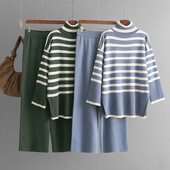 HLBCBG augstas kvalitātes biroja sieviešu komplekts sieviešu strīpains džemperis + platas bikses ar augstu vidukli. Pamata rudens trikotāžas brīvi tērpi