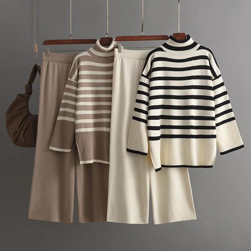 HLBCBG augstas kvalitātes biroja sieviešu komplekts sieviešu strīpains džemperis + platas bikses ar augstu vidukli. Pamata rudens trikotāžas brīvi tērpi